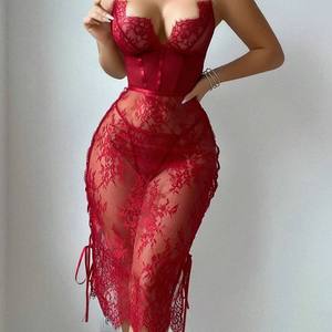 European And American Flared Hem Teddy Hollow Out Red Sexy Chest-Exposing Bodycon Polyester Lace Lingerie <strong>Dress</strong> - Product Image 1