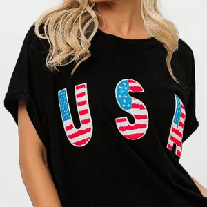 Lovedagear Independence Day Custom Logo Summer July 4th Patriotic Blouse USA Terry Embroidery Women Sequin Shirts