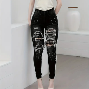 مقاس كبير سراويل نسائية عالية الجودة عالية الخصر بسط نحيف مموج ثقب الجينز خمر صنع في الصين - Product Image 5