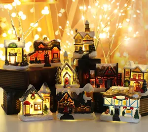 크리스마스 장식 집 LED 조명 크리스마스 장식품 작은 수지 미니 하우스 미니어처 마을 건물 가정 어린이 선물