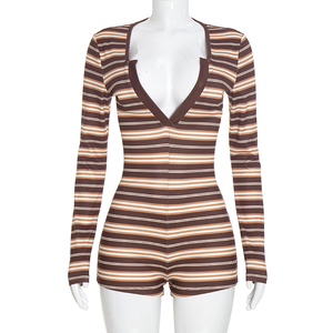 Viviblook J26RP336 Nouvelle Combinaison Décontractée Rayée Ajustée Sexy à Col en V et Manches Longues Côtelées pour Femme – Collection Automne - Product Image 1