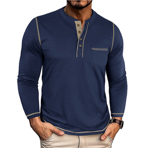 Camiseta de Manga Larga para Hombre, Estilo Europeo Americano, Vintage, con Bolsillo, de Algodón Transpirable que Absorbe la Humedad, para Otoño e Invierno - Product Image 1