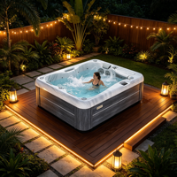Bain à remous carré VIRLUX éco-responsable pour l'extérieur avec 25 jets de massage, coque en acrylique, design moderne pour petit spa de jardin