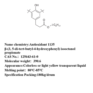 Propionato de beta-(<span class=keywords><strong>3</strong></span>, 5-di-terc-butil-4-hidroxifenil) isooctanol Antioxidante 1135 N. o CAS 125643-61-0 - Product Image 2