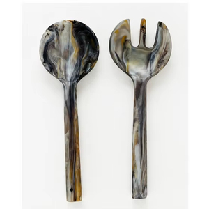 Ensemble de service à salade en résine gris-brun, cuillère et fourchette faites à la main, texture tourbillonnée, ustensiles de cuisine artistiques pour la table - Product Image 1
