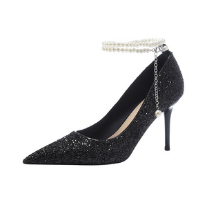 Escarpins à bout pointu en tissu pailleté avec bride de cheville perlée, talons hauts, chaussures de mariée pour femmes - Product Image 5