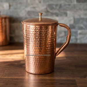 Carafe à eau en cuivre martelé faite à la main avec bouton de couvercle et poignée en métal, écologique, marron, pour la maison, l'hôtel, le restaurant et le bureau - Product Image 2