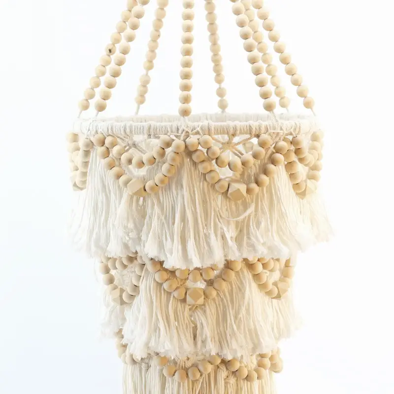 Macrame persediaan desain Interior dekorasi rumah manik-manik kayu lampu naungan dekorasi dengan rumbai