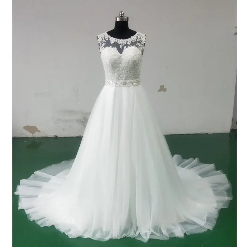 Elegant Lace Bodice Beaded Belt Bridal A Lline Wedding Dresses For Women