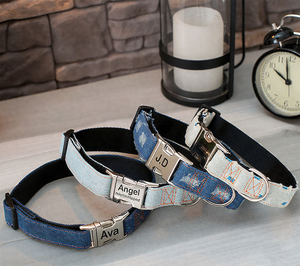 패션 사용자 정의 넓은 두꺼운 애완 동물 가죽 끈 칼라 세트 벨벳 트위드/덴민 금속 버클 도매 고급 개 목걸이 - Product Image 3