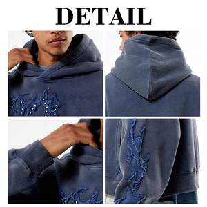 KingSen OEM <b>Men's</b> Vintage Washed Boxy Cropped <b>Pullover</b> Hoodie Oversized Heavyweight Cotton Distressed Applique Studs Streetwear - Product Image 6