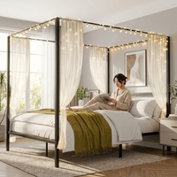 Lit à baldaquin moderne en métal pour chambre à coucher, lit plateforme à quatre poteaux, taille Queen, avec tête de lit intégrée, support à lattes métalliques robustes, sans sommier