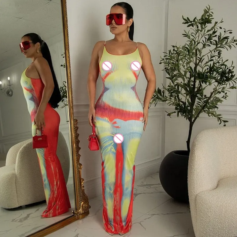 Ladies Summer Long Bodycon Maxi Dress 2023 Y2K Sexy Maxi Sun Dresses Sundress Women Sleeveless Backless 3D Body Print Dress