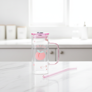 Mug en verre à motif <span class=keywords><strong>de</strong></span> fruits 450 ml avec poignée et paille en verre, tasse à boire en borosilicate pour jus - Product Image 3