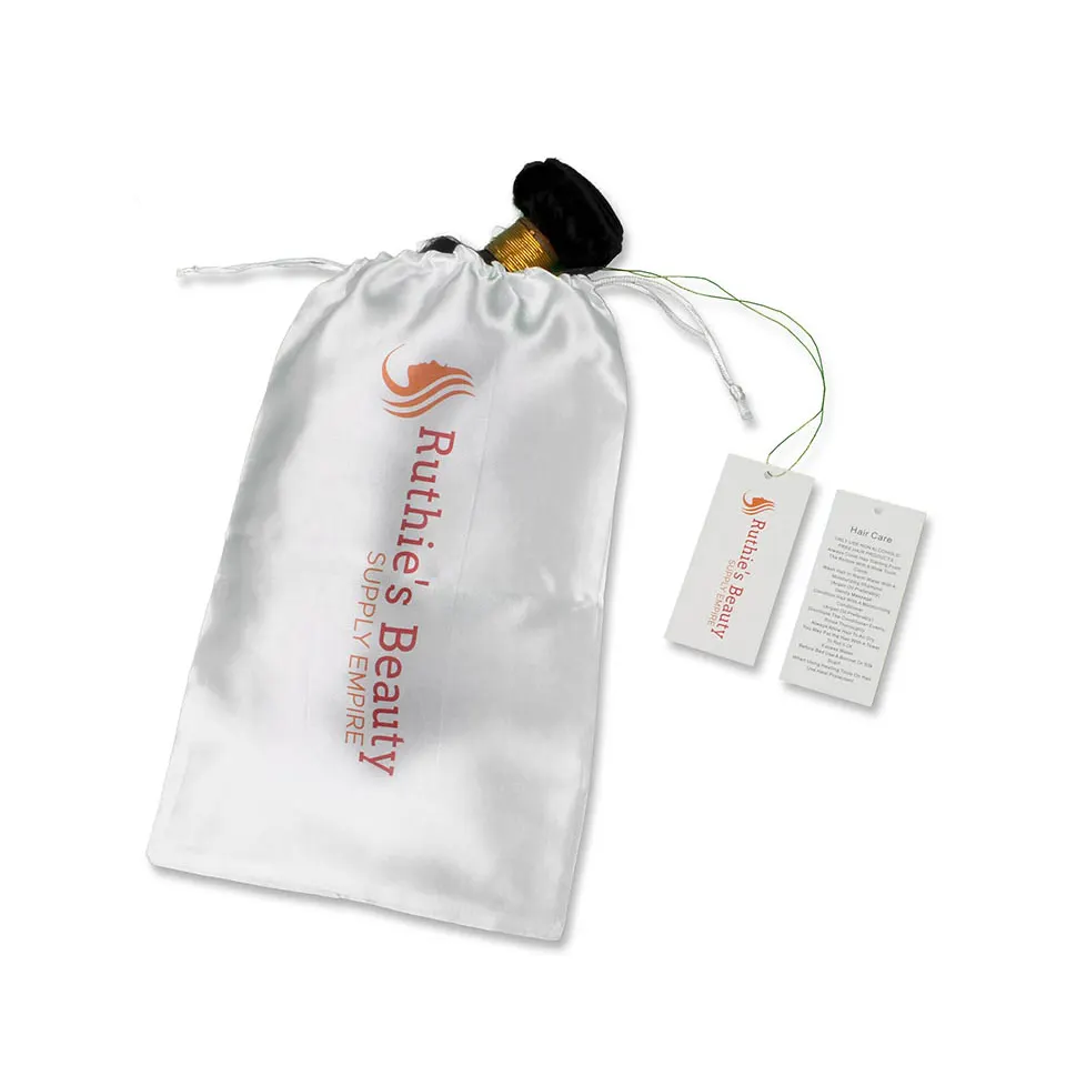 Personality company logo brand name printing satin bags and paper hang tag hair bundles extensions packaging packing