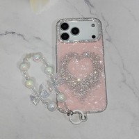 Coque de téléphone style Ins avec cordon pour iPhone 17 Pro Max 16 Plus, étui de luxe orné de diamants et bracelet pour iPhone 13 12 11