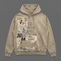 Sweat à capuche délavé vintage gris kaki, épais et vieilli, avec patchwork graffiti, style streetwear, personnalisable OEM, vente en gros, imprimé décontracté