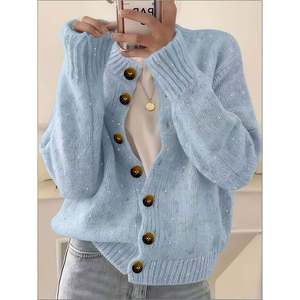 Crew Neck <b>Cardigan</b> Elfenbeinwei Metallic <b>Button</b> Women's Wear - Product Image 5