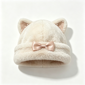 Gorro de invierno para mujer, estilo coqueta, con orejas de gato de piel sintética, lazo de satén, decoración de perlas, cálido y afelpado, para clima frío, ACE - Product Image 2