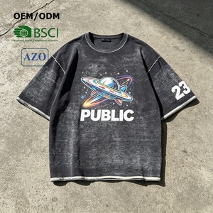 High Quality Custom Casual Acid Wash Digital Print Men's T <b>Shirt</b> Flat Embroidery Loose Stone Wash <b>Patchwork</b> Webbing T-<b>shirt</b> - Product Image 1