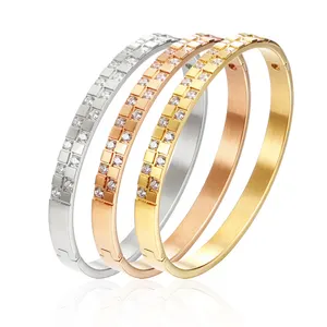 Fashion Double Row Zircon Geometric Small Square PVD Titanium Steel Checkerboard Women's Simple Bangle Bracelet