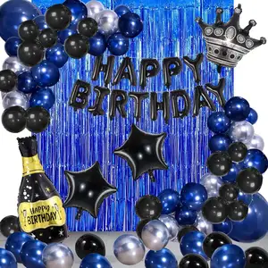 Party Supplier Wholesale Navy Blue Black Happy Birthday Party Decorations for Men Blue Balloon Garland Kit Fringe Curtains