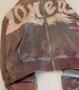 Sweat à capuche personnalisé avec strass effet vieilli pour homme, style grunge glamour, en coton épais, zippé, effet délavé vintage, brodé, streetwear - Product Image 2