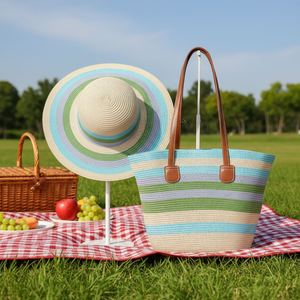 Nouveau sac de plage rayé coloré d'été, grand sac fourre-tout en paille avec fermeture éclair et ensemble chapeau pour les voyages en plein air - Product Image 5