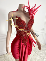 Robe de Bal Tube Ocstrade Scintillante à Plumes Longues, Épaule et Strass, Rouge Velours Long Ourlet pour Soirée Femme 2025