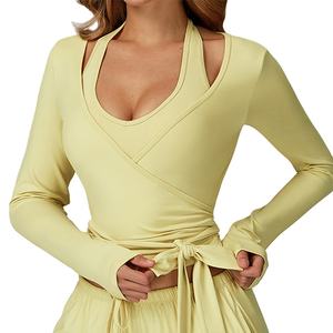 Top Deportivo <span class=keywords><strong>LANGHE</strong></span> Personalizado de Alta Calidad, de Secado Rápido, Manga Larga, Cuello en V Profundo, Estilo Envolvente, para Yoga, Running y Deportes para Mujer - Product Image 1