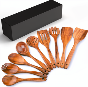 Juego de Utensilios de Cocina <span class=keywords><strong>Zulay</strong></span> de 9 Piezas de Madera de Teca con Acabado Liso, Antiadherente y Agarre Cómodo - Juego de Regalo en Caja - Product Image 4