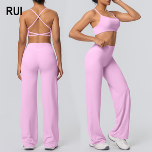 RUIQUWIN Racerback Yoga Bra Top With High Waist Relaxed Fit Straight Leg Trousers Women's Casual Gym Fitness Set - Product Image 1