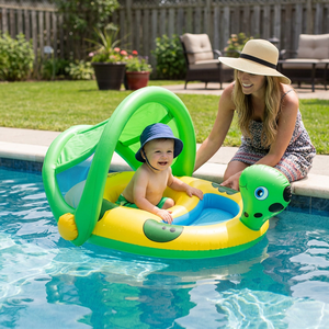 Bouée gonflable pour bébé avec auvent pare-soleil, motif tortue de mer amusant et mignon, dotée de plusieurs chambres à air et d'un vinyle lisse. - Product Image 1