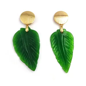 new designs delicate jade gemstone jewelry gift 18k gold natural green jade carved crystal drop leaf earrings vintage for women