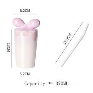 Tasse en céramique au design créatif avec nœud papillon, avec paille en verre, glaçure perlée, tasse à eau de bureau mignonne et élégante - Product Image 4
