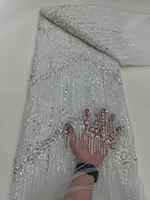 Tela de red blanca con lentejuelas plateadas, flecos y bordado floral multicolor en stock, envío rápido, vestido de novia de alta costura