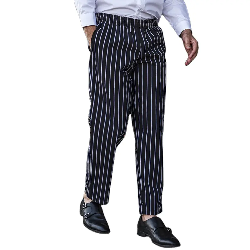 CHECKED OUT Großhandel Poly Baumwolle schwarz weiß Streifen lange Kochhose Poly Baumwolle Küche Restaurant Uniformen