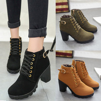 Sepatu bot pendek setinggi pergelangan kaki wanita, sepatu bot dengan hak tebal, tali bulat desain telanjang, bahan atas kulit sapi
