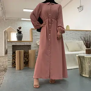 Muslim Ladies Solid Color Turn Down Collar Slim Casual Long Dress Abaya Style Muslim Turkish Robe Abaya Women Long Dress Muslim