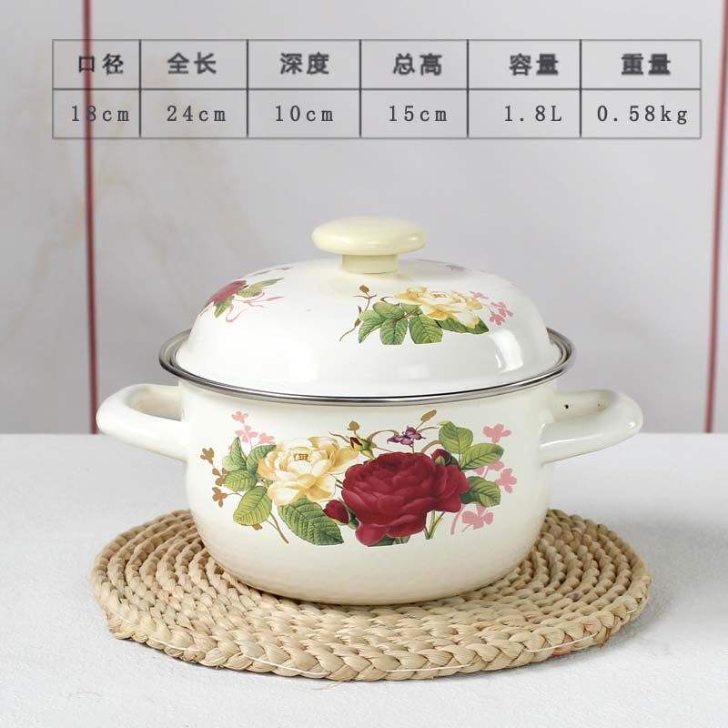 Vasque émaillée à motif rose, 18 cm, avec double poignée.