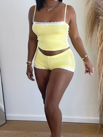 Op maat gemaakt logo sexy 2-delig kant halter top en shorts set, hoogwaardige tweedelige loungewear set dameskleding