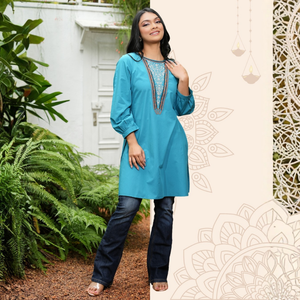 Kurta de Primera Calidad, Transpirable, con Cuello Redondo, Bordado y Detalle de Mangas Fruncidas - Product Image 4