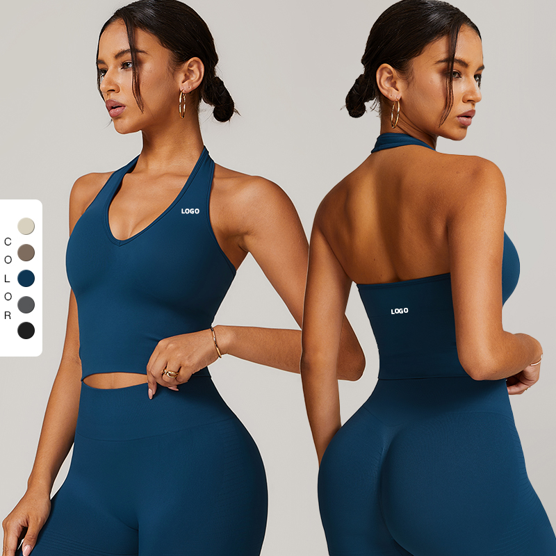 2024 New Women's Seamless Sports V-neck Underwear Breathable Hanging Neck Yoga Bra Shockproof Breathable Comfortable Fitness Top