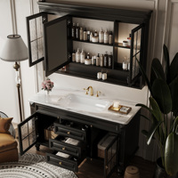 Luxury Bathroom Vanity with Sink, Hand-carved Vanity with Smart LED Defog Mirror, Solid Wood Floating Vanity Cabinet with Glass