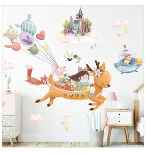 Papier peint autocollant mural petite fille avec ballons colorés, sparadrap rose, nuages et château, décoration de maison onirique, pour le salon, nouvelle collection