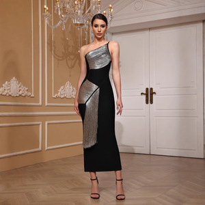 Abiti <span class=keywords><strong>Lunghi</strong></span> Estivi a Fascia Monospalla <span class=keywords><strong>con</strong></span> <span class=keywords><strong>Spacco</strong></span> Profondo Nero Argento Vintage Eleganti da Donna - Product Image 1