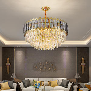Lámpara de techo de oro cepillado Sala de estar Candelabros de cristal K9 gris humo de lujo modernos - Product Image 1