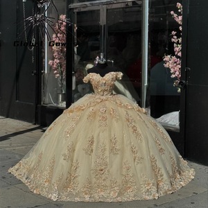 Champagne Off The Shoulder Prom Dress Ball Gown Applique Floral Print Adult Women's Formal Party Dress - Product Image 1
