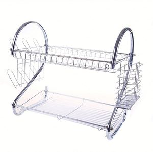 Égouttoir à vaisselle multifonctionnel en métal à 2 niveaux en forme de S avec porte-ustensiles et support de rangement pour assiettes - Product Image 2
