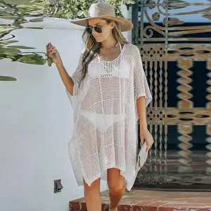 Gaun Pesta Jala Tembus Pandang Wanita Seksi Seksi Seksi Seksi Pakaian Pantai Gaun Pesta Musim Panas Jubah Putih Transparan dengan Belahan